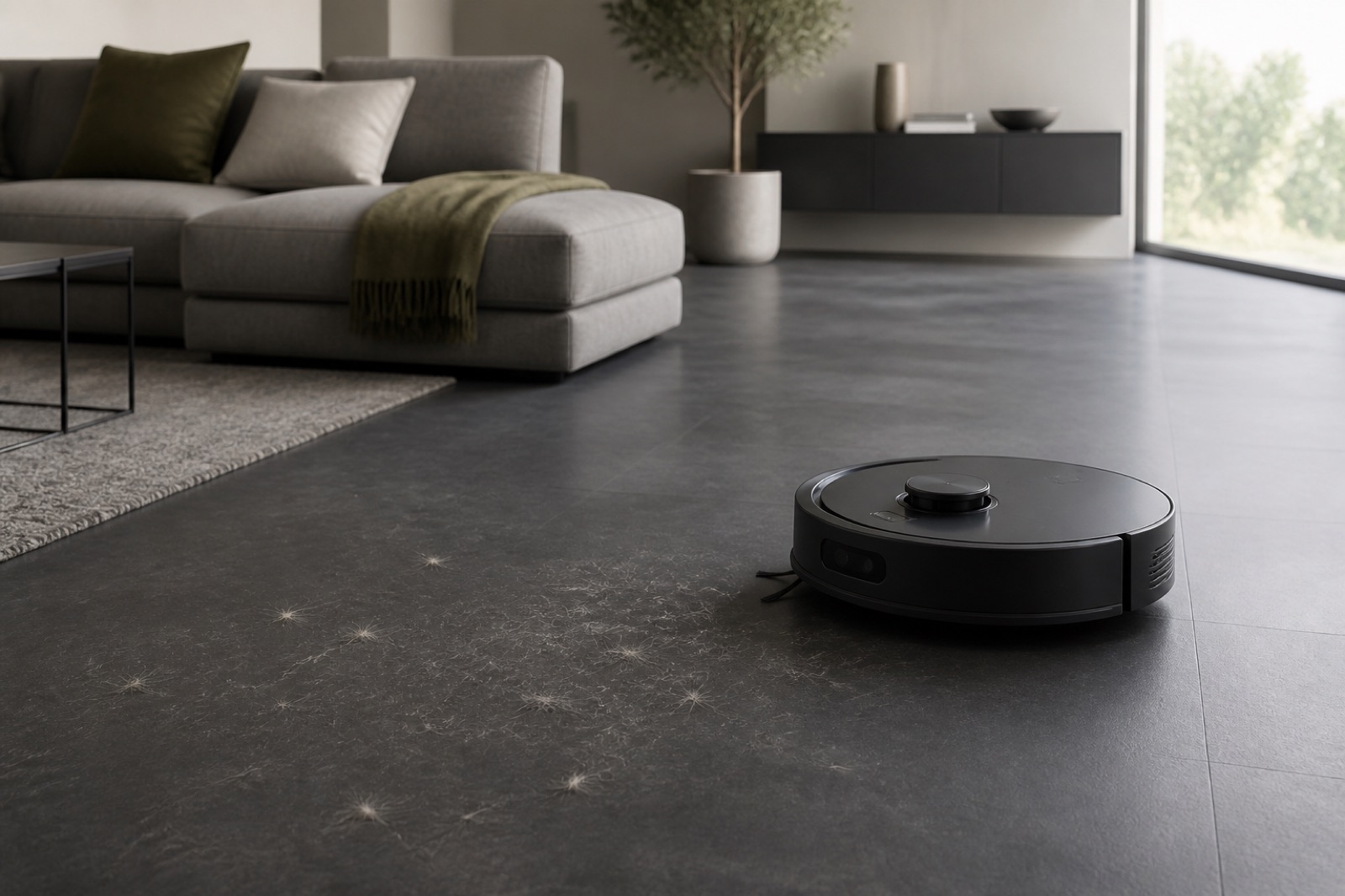 Robot aspirapolvere generico in funzione in un soggiorno moderno